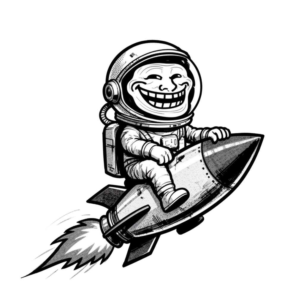 MOONTROLL: a grinning trollface astronaut riding a rocket